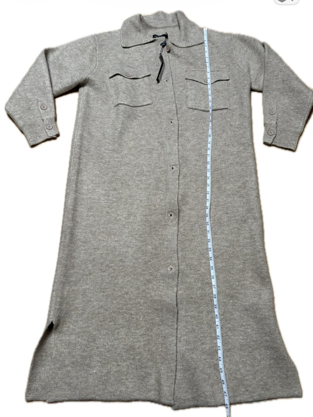 Lyla + Luxe Long Beige Knit Utility Coat Long Button Up Cardigan - Picture 6 of 8